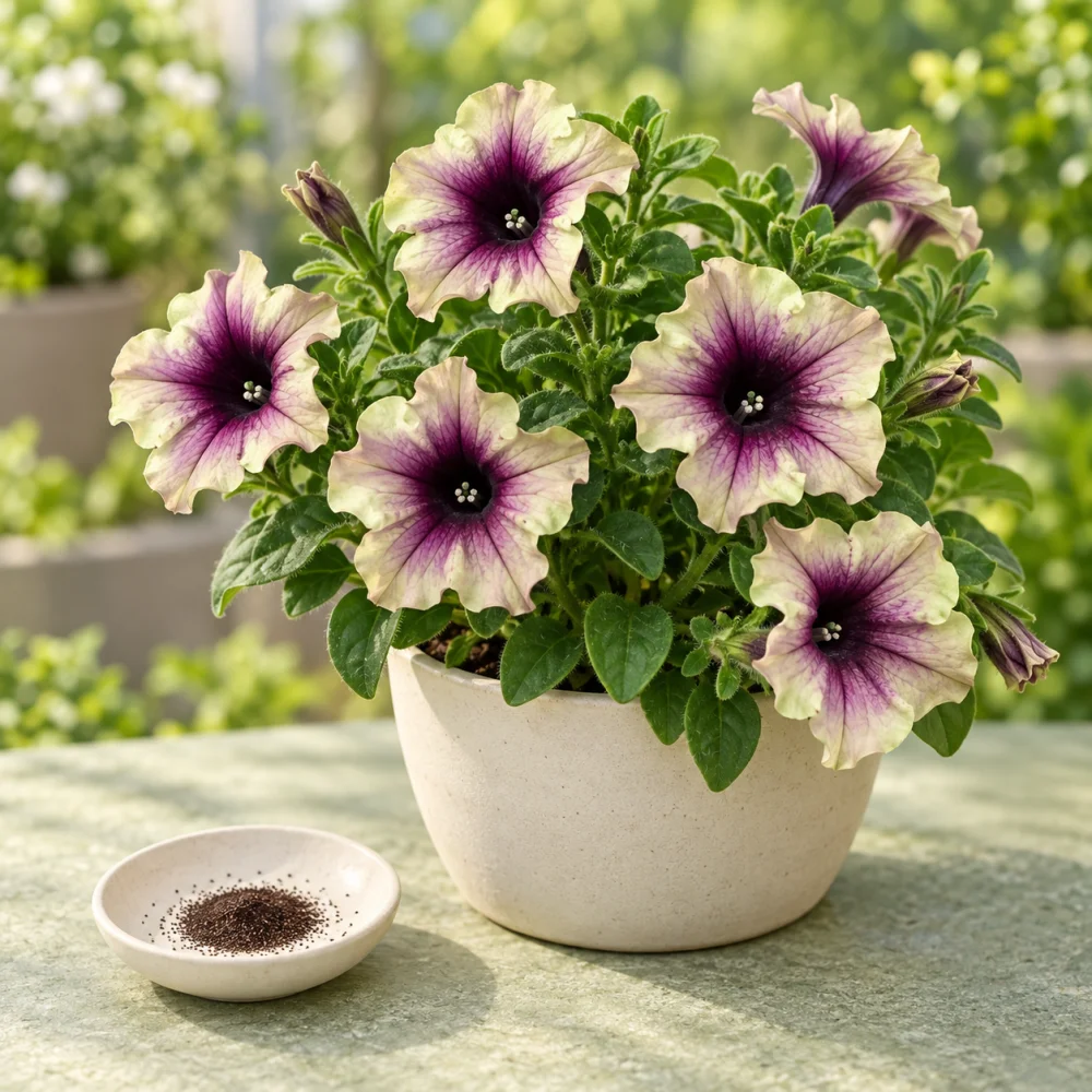 Generated illustration of Antique Plum petunia flowers beside a dish of seeds