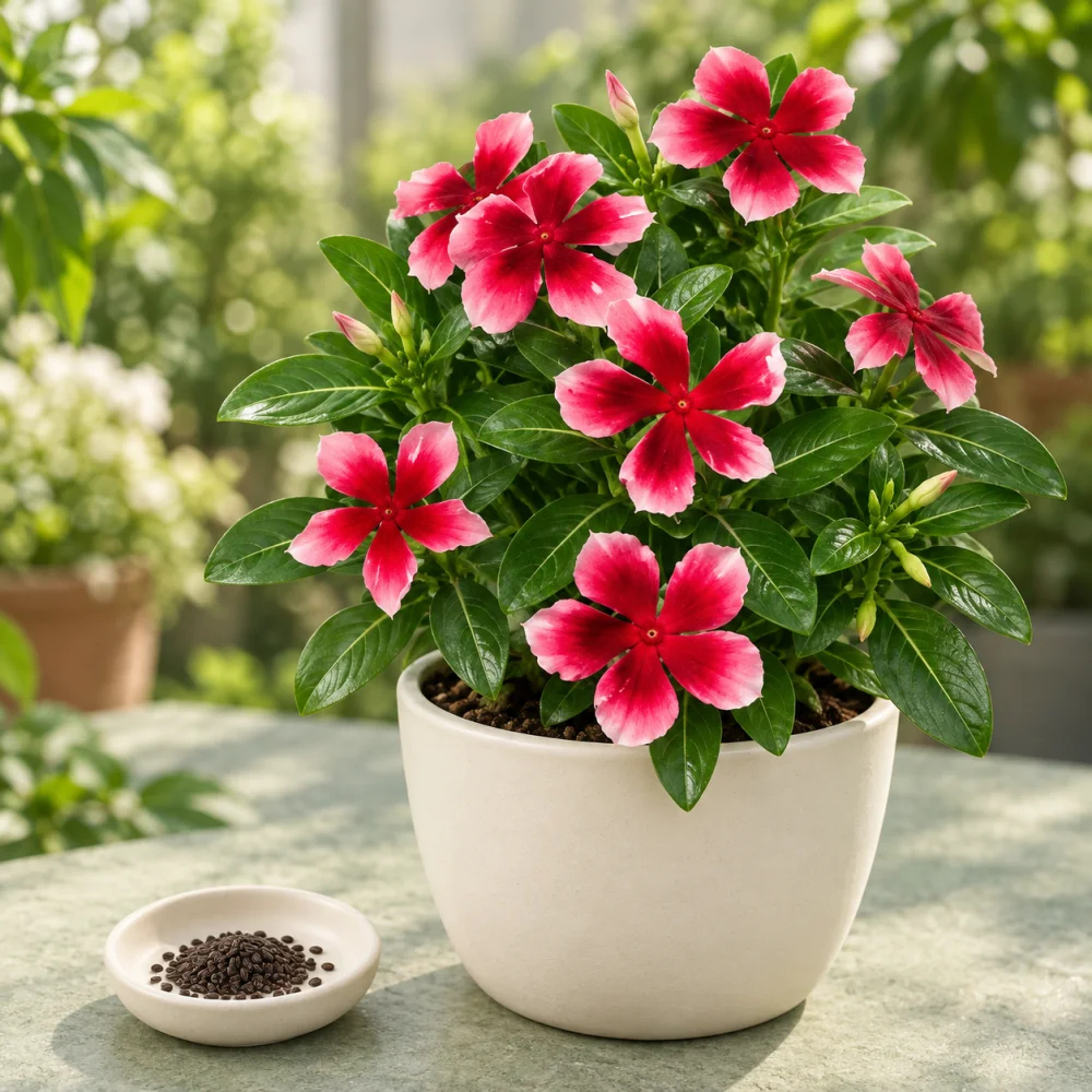 Generated illustration of Nirvana Red Mandarin vinca flowers beside a dish of seeds