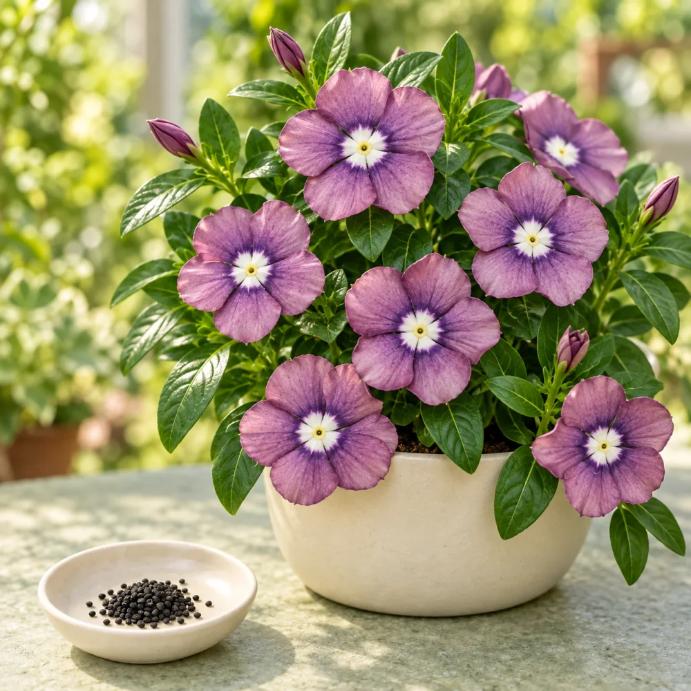 Purple With Eye vinca flowers beside a dish of seeds