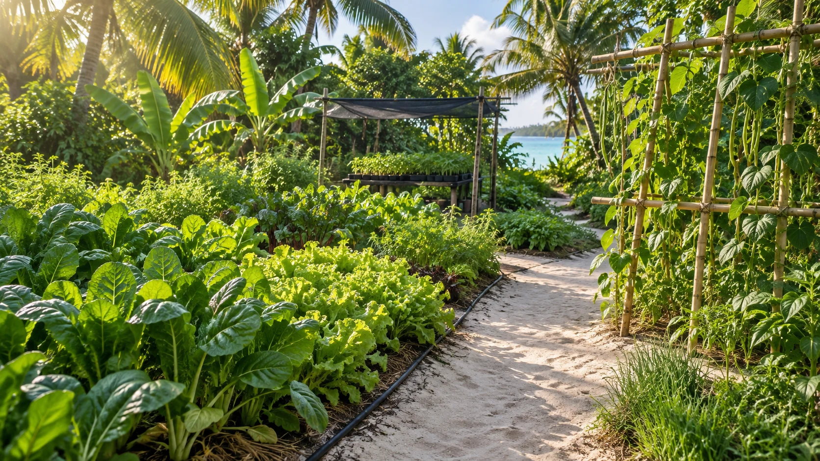 Tropical island vegetable garden with vegetable beds beneath palms