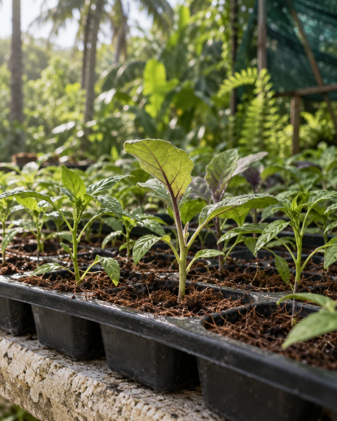 Vegetable seedlings growing in a nursery
